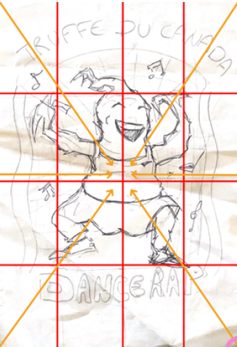Croquis annoté de la grille et des lignes de fuite